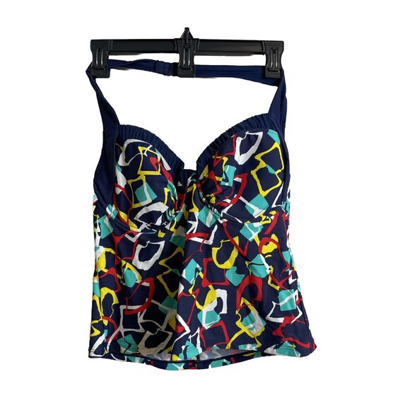 Catalina Womens Geometric Print Navy Halter Tankini Swim Top Underwire Bra Sz M - Picture 1 of 4